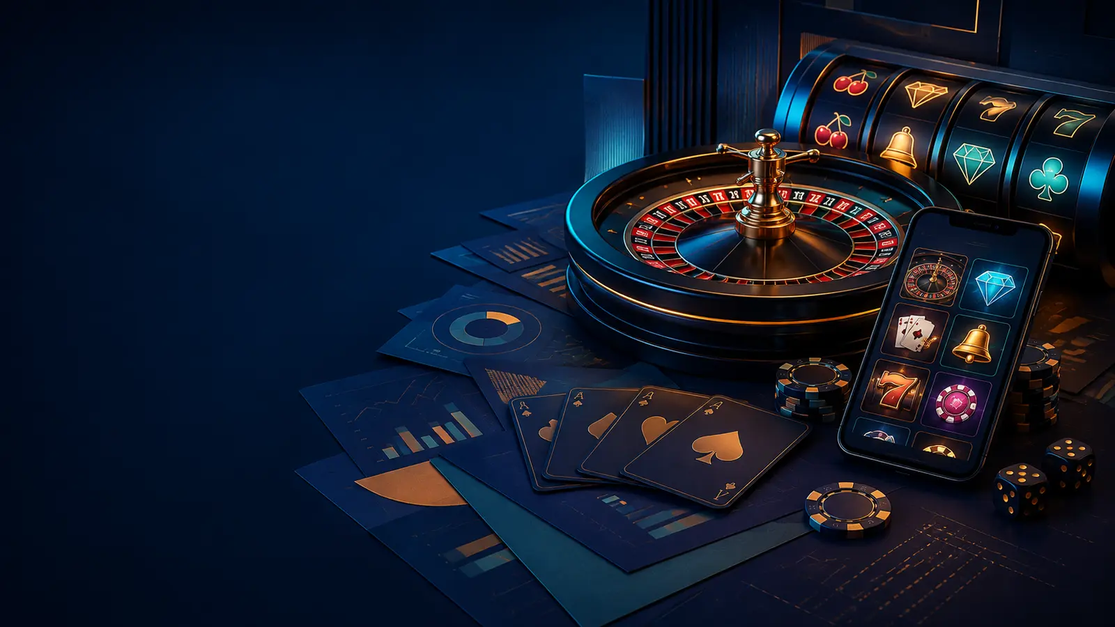 Suasana editorial kasino digital dengan roulette, slot, kartu, dan perangkat mobile