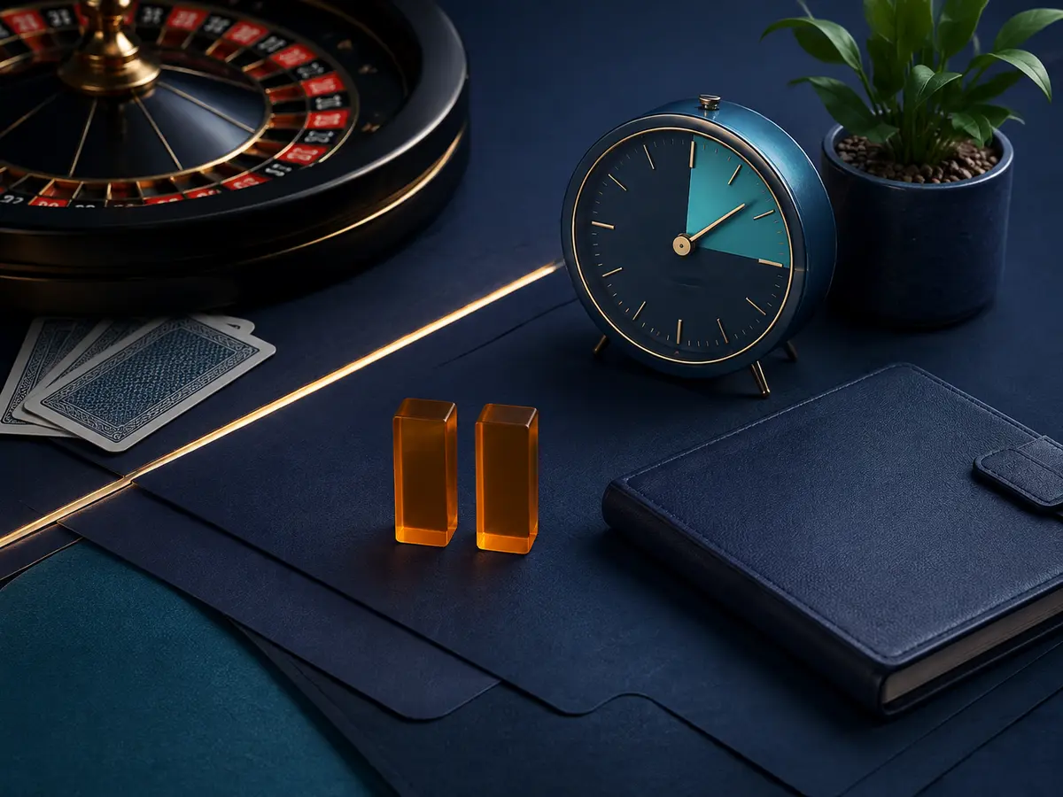 Roulette, jam, tombol jeda, dan buku catatan untuk batas bermain