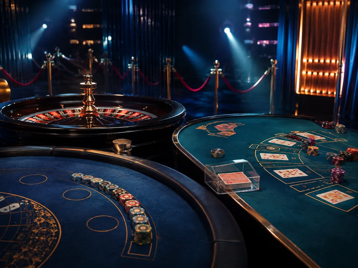Suasana meja roulette dan kartu pada studio kasino tanpa pemain